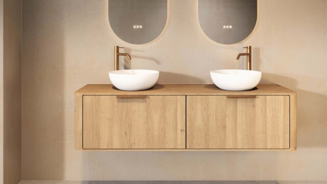 Rond hangend naturel eiken badkamermeubel 160 cm met vlak front, eiken blad en witte solid surface waskom