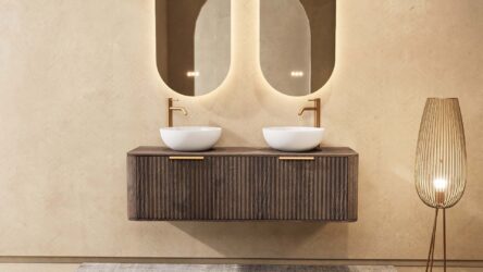 Rond hangend donker eiken badkamermeubel 140 cm met groevenfront, eiken blad en witte solid surface waskom