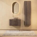 Rond hangend donker eiken badkamermeubel 80 cm met groevenfront, eiken blad en beige limestone waskom