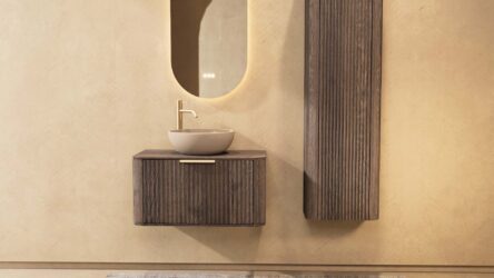 Rond hangend donker eiken badkamermeubel 80 cm met groevenfront, eiken blad en beige limestone waskom