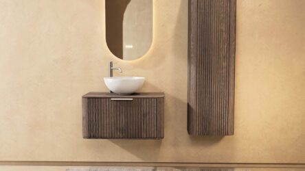 Rond hangend donker eiken badkamermeubel 80 cm met groevenfront, eiken blad en glanzend witte keramische waskom