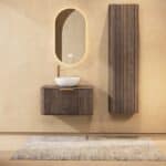 Rond hangend donker eiken badkamermeubel 80 cm met groevenfront, eiken blad en witte solid surface waskom