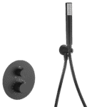 Stijlvolle thermostatische inbouwdoucheset in mat zwart, een hoofddouche van Ø25 cm en een losse handdoucheset. Uitgevoerd met muuraansluiting. Verkrijgbaar in 5 kleuren en geleverd met 5 jaar garantie.