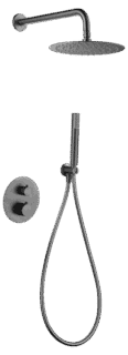 Luxe thermostatische inbouwdoucheset in Black Gun Metal met PVD-coating, een hoofddouche van Ø25 cm en een losse handdoucheset. Uitgevoerd met muuraansluiting. Verkrijgbaar in 5 kleuren en geleverd met 5 jaar garantie.