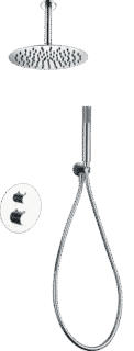 Moderne thermostatische inbouwdoucheset in chroom met een hoofddouche van Ø25 cm en een losse handdoucheset. Uitgevoerd met plafondaansluiting. Verkrijgbaar in 5 kleuren en geleverd met 5 jaar garantie.