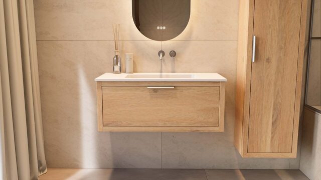 Modern naturel eiken badkamermeubel 100 cm met één lade en mat witte mineraalstenen wastafel