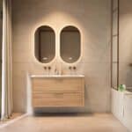 Hangend naturel eiken badkamermeubel 120 cm met twee lades en dubbele mat witte mineraalstenen wastafel