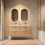 Modern naturel eiken badkamermeubel 140 cm met twee lades en mat witte mineraalstenen wastafel