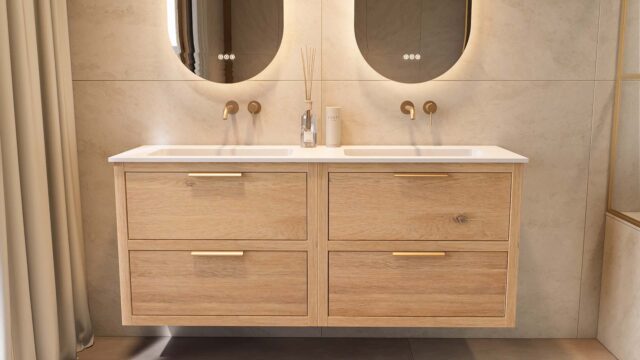 Modern naturel eiken badkamermeubel 160 cm met twee lades en mat witte mineraalstenen wastafel