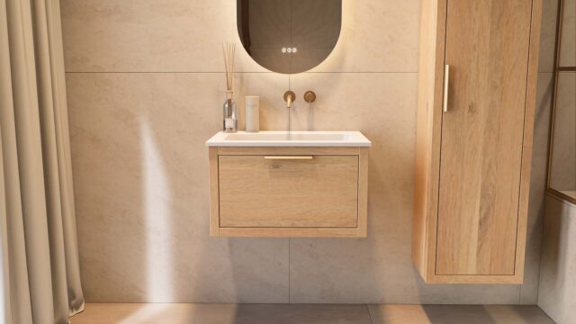 Modern naturel eiken badkamermeubel 70 cm met één lade en mat witte mineraalstenen wastafel