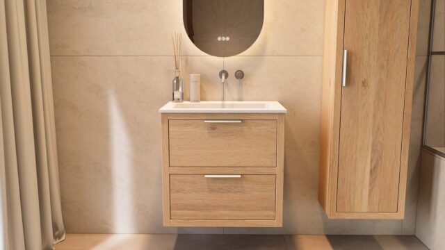 Modern naturel eiken badkamermeubel 70 cm met twee lades en mat witte mineraalstenen wastafel