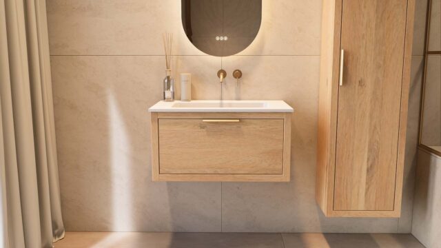 Modern naturel eiken badkamermeubel 80 cm met één lade en mat witte mineraalstenen wastafel