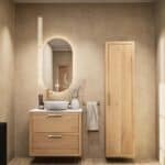 Hangend modern badmeubel 80 cm in naturel eiken met dubbele lade en solid surface met witte waskom