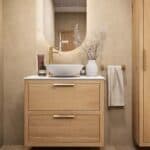 Hangend modern badmeubel 80 cm in naturel eiken met dubbele lade en solid surface met witte waskom