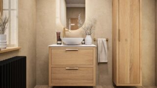 Hangend modern badmeubel 80 cm in naturel eiken met dubbele lade en solid surface met witte waskom