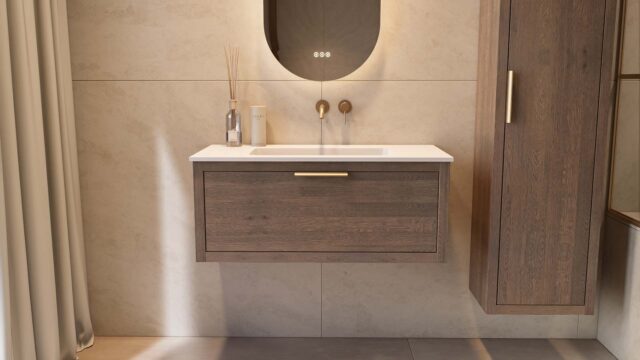 Modern donker eiken badkamermeubel 100 cm met één lade en mat witte mineraalstenen wastafel