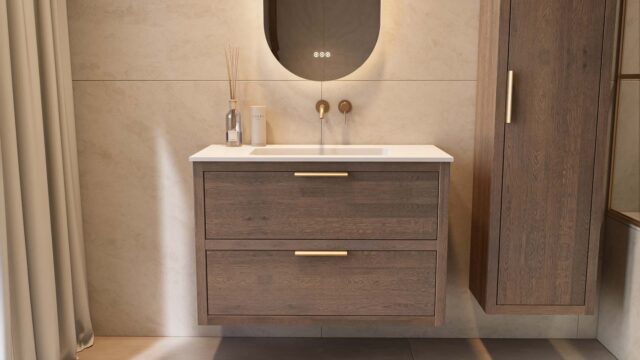 Houten badkamermeubel van 100 cm in donker eiken met dubbele lade en mat wit mineraalsteen.