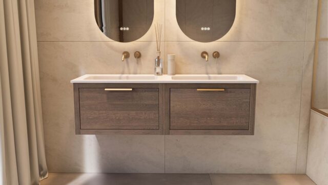 Modern donker eiken badkamermeubel 140 cm met één lade en mat witte mineraalstenen wastafel