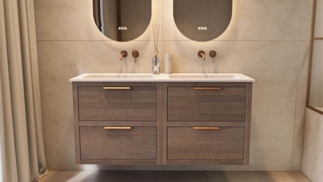 Modern donker eiken badkamermeubel 140 cm met twee lades en mat witte mineraalstenen wastafel