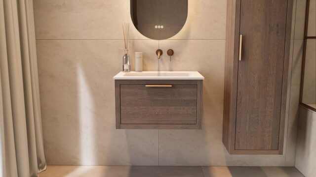 Modern donker eiken badkamermeubel 70 cm met één lade en mat witte mineraalstenen wastafel