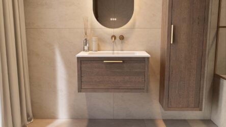 Modern donker eiken badkamermeubel 80 cm met één lade en mat witte mineraalstenen wastafel
