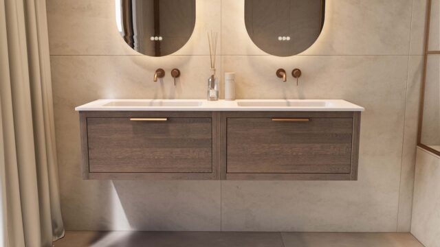 Modern donker eiken badkamermeubel 160 cm met één lade en mat witte mineraalstenen wastafel