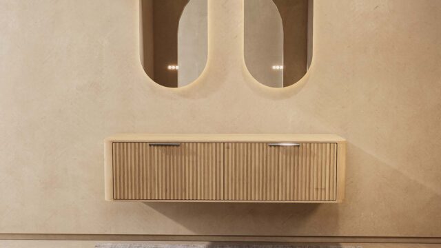 Badkamermeubel — Design hangende badkamerkast 160 cm naturel eiken met afgeronde hoeken en groevenfront zonder wastafel