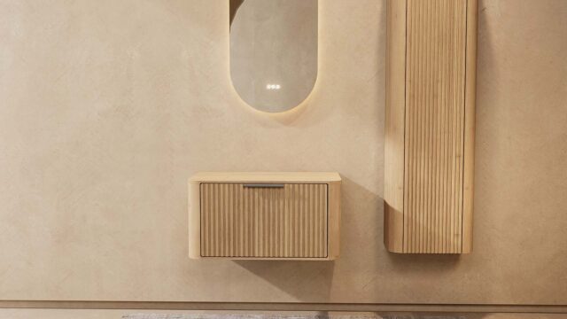 Badkamermeubel — Design hangende badkamerkast 80 cm naturel eiken met afgeronde hoeken en groevenfront zonder waskom