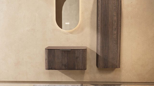 Badkamermeubel — Design hangende badkamerkast 80 cm donker eiken met afgeronde hoeken en groevenfront zonder waskom