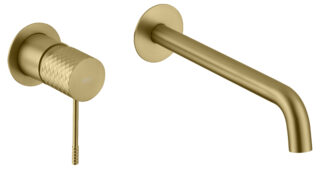 Moderne muurwastafelkraan in geborsteld goud voor wandmontage boven een wastafel of waskom. Voorzien van een duurzame PVD-coating, 5 jaar garantie en verkrijgbaar in 5 kleuren.