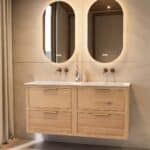 Modern naturel eiken badkamermeubel 140 cm met twee lades en mat witte mineraalstenen wastafel