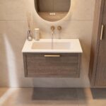 Modern donker eiken badkamermeubel 80 cm met één lade en mat witte mineraalstenen wastafel