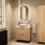 Hangend modern badmeubel 80 cm in naturel eiken met dubbele lade en solid surface met witte waskom