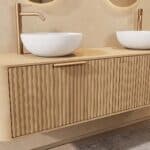 Rond hangend naturel eiken badkamermeubel 160 cm met groevenfront, eiken blad en witte solid surface waskom