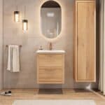 Hangend modern badmeubel 60 cm naturel eiken met vlak front en twee softclose lades