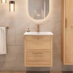 Hangend modern badmeubel 60 cm naturel eiken met vlak front en twee softclose lades