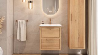 Hangend modern badmeubel 60 cm naturel eiken met vlak front en twee softclose lades