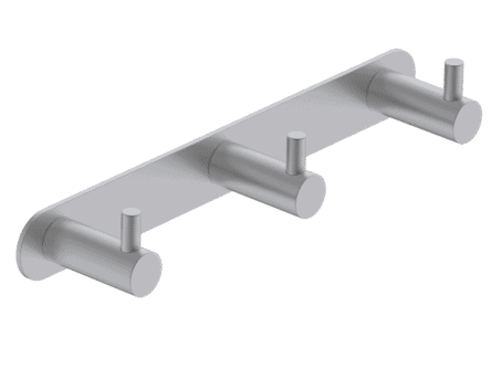 Strakke handdoekhaak met 3 haken uit de Grav serie, uitgevoerd in geborsteld nikkel. Geschikt voor het ophangen van meerdere handdoeken of badjassen. Voor wandmontage. De afwerking sluit exact aan bij de mat zwarte van de Van Heck kranen.
