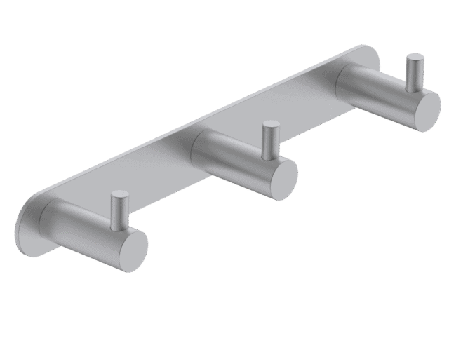 Strakke handdoekhaak met 3 haken uit de Grav serie, uitgevoerd in geborsteld nikkel. Geschikt voor het ophangen van meerdere handdoeken of badjassen. Voor wandmontage. De afwerking sluit exact aan bij de mat zwarte van de Van Heck kranen.
