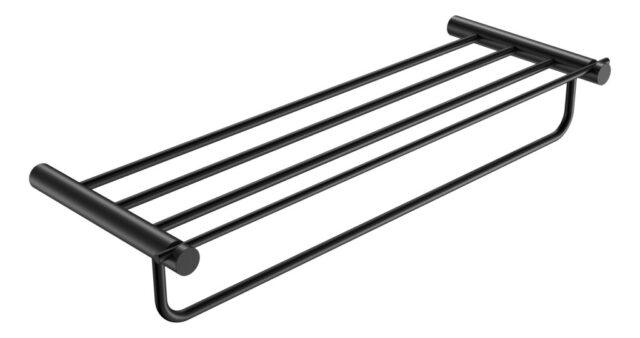 Stijlvol handdoekrek met geïntegreerde handdoekstang uit de Grav serie, uitgevoerd in mat zwart. Biedt ruimte voor het opbergen en ophangen van handdoeken. Voor wandmontage. De afwerking sluit exact aan bij de mat zwarte van de Van Heck kranen.