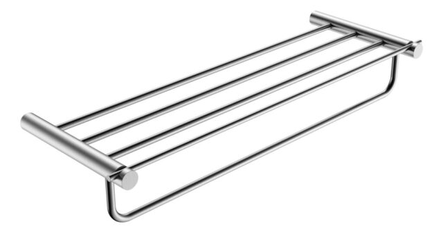 Stijlvol handdoekrek met geïntegreerde handdoekstang uit de Grav serie, uitgevoerd in chroom. Biedt ruimte voor het opbergen en ophangen van handdoeken. Voor wandmontage. De afwerking sluit exact aan bij de chroom afwerking van de Van Heck kranen.