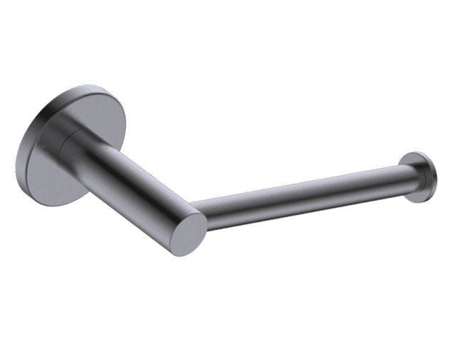Strakke toiletrolhouder uit de Grav serie, uitgevoerd in black gun metal met duurzame PVD-coating. Voor wandmontage. De afwerking sluit exact aan bij de black gun metal PVD-afwerking van de Van Heck kranen.
