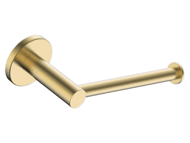 Strakke toiletrolhouder uit de Grav serie, uitgevoerd in geborsteld goud met duurzame PVD-coating. Voor wandmontage. De afwerking sluit exact aan bij de geborsteld gouden PVD-afwerking van de Van Heck kranen.