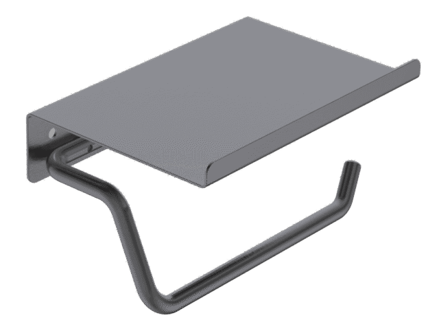 Strakke toiletrolhouder met planchet uit de Grav serie, uitgevoerd in black gun metal met duurzame PVD-coating. Het planchet bedekt het toiletpapier en biedt ruimte om kleine accessoires op te plaatsen. Voor wandmontage. De afwerking sluit exact aan