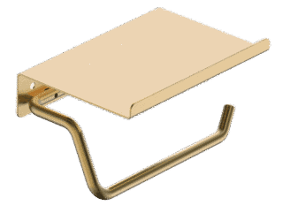 Strakke toiletrolhouder met planchet uit de Grav serie, uitgevoerd in geborsteld goud met duurzame PVD-coating. Het planchet bedekt het toiletpapier en biedt ruimte om kleine accessoires op te plaatsen. Voor wandmontage. De afwerking sluit exact aan