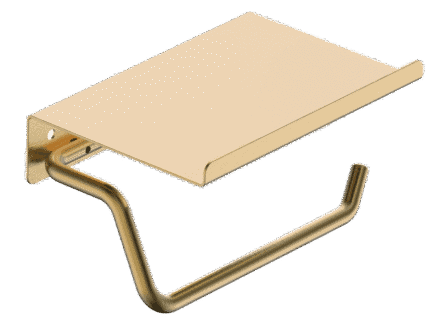 Strakke toiletrolhouder met planchet uit de Grav serie, uitgevoerd in geborsteld goud met duurzame PVD-coating. Het planchet bedekt het toiletpapier en biedt ruimte om kleine accessoires op te plaatsen. Voor wandmontage. De afwerking sluit exact aan