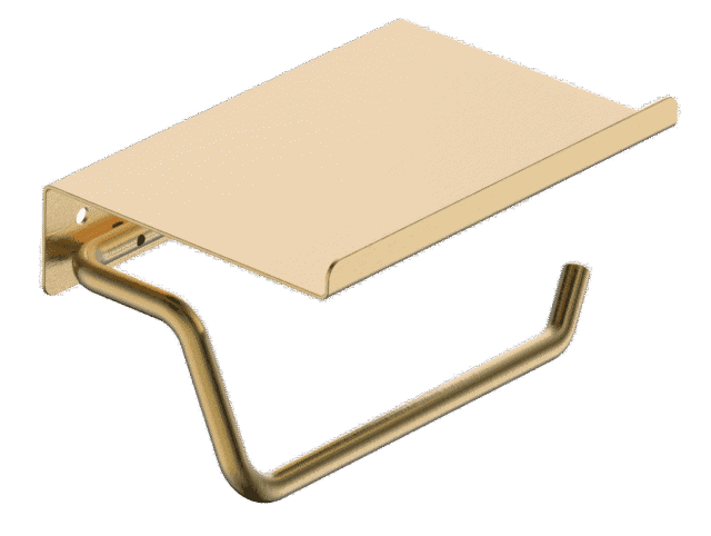 Strakke toiletrolhouder met planchet uit de Grav serie, uitgevoerd in geborsteld goud met duurzame PVD-coating. Het planchet bedekt het toiletpapier en biedt ruimte om kleine accessoires op te plaatsen. Voor wandmontage. De afwerking sluit exact aan