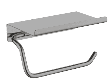 Strakke toiletrolhouder met planchet uit de Grav serie, uitgevoerd in geborsteld nikkel. Het planchet bedekt het toiletpapier en biedt ruimte om kleine accessoires op te plaatsen. Voor wandmontage. De afwerking sluit exact aan bij de mat zwarte van d
