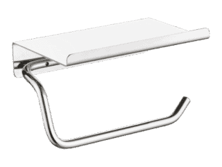 Strakke toiletrolhouder met planchet uit de Grav serie, uitgevoerd in chroom. Het planchet bedekt het toiletpapier en biedt ruimte om kleine accessoires op te plaatsen. Voor wandmontage. De afwerking sluit exact aan bij de chroom afwerking van de Van