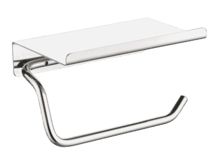 Strakke toiletrolhouder met planchet uit de Grav serie, uitgevoerd in chroom. Het planchet bedekt het toiletpapier en biedt ruimte om kleine accessoires op te plaatsen. Voor wandmontage. De afwerking sluit exact aan bij de chroom afwerking van de Van